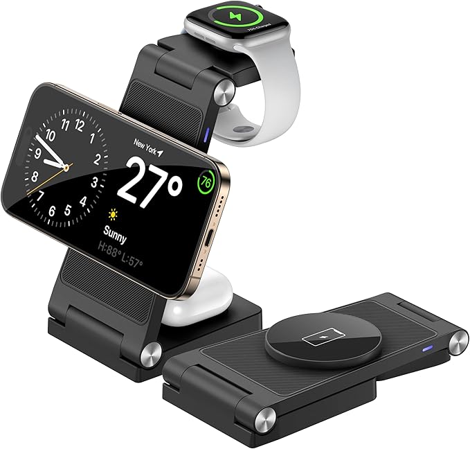 Magnetic Wireless Charger Stand, 3 in 1 Foldable Wireless Charging Station with 20W Adapter, Travel Charger for Multiple Devices for iPhone 17 16 15 14 13 12 Pro/Max/Plus/Mini, iWatch, AirPods