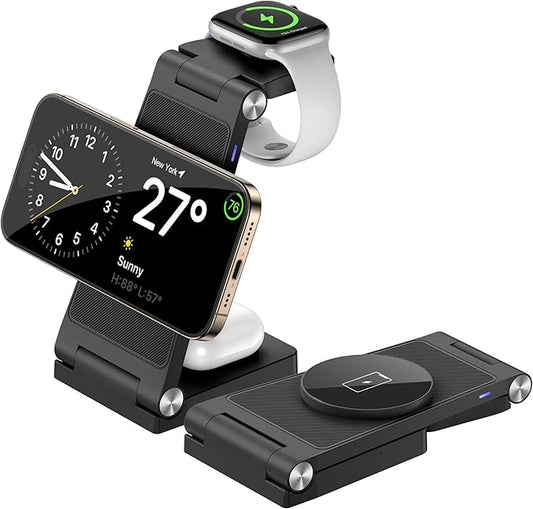 Magnetic Wireless Charger Stand, 3 in 1 Foldable Wireless Charging Station with 20W Adapter, Travel Charger for Multiple Devices for iPhone 17 16 15 14 13 12 Pro/Max/Plus/Mini, iWatch, AirPods