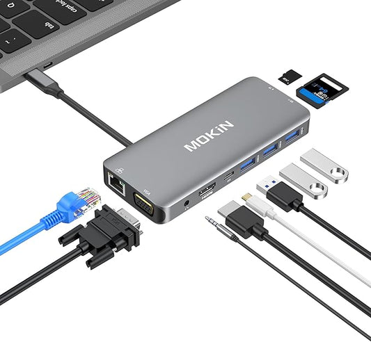 USB C Hub Multiport Adapter-10 in 1 Portable Dongle with 4K HDMI, VGA, Ethernet, 3 USB Ports, Audio, PD Charger, SD/Micro SD Card Reader Compatible for MacBook Pro, XPS More Type C Devices.