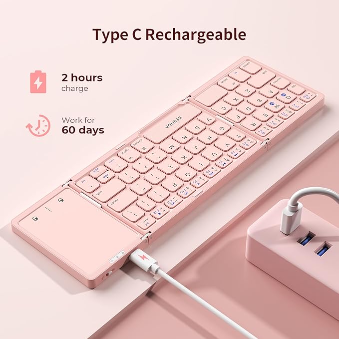 seenda Foldable Bluetooth Keyboard for Travel, Tri-Folding Wireless Rechargeable Multi-Device Portable Keyboard with Touchpad, for Laptop iPad Tablet PC Smartphone Windows iOS Android, Pink