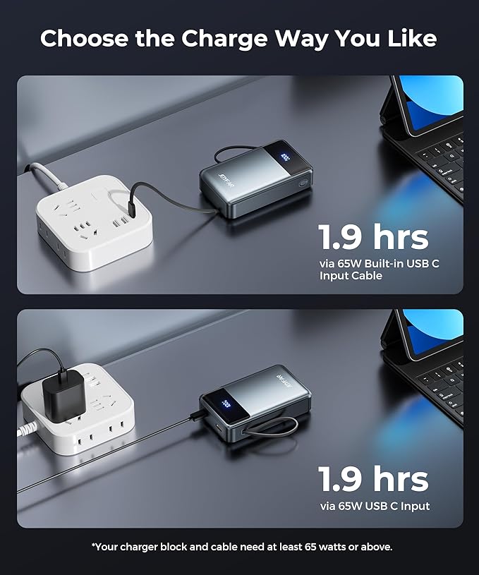 Portable Charger Power Bank - 30000mAh 65W Laptop Travel Essentials Battery Pack USB C Built in Cable Phone Fast Charging Compatible with iPhone 16 15 14 13 iPad MacBook Samsung Google (Grey)