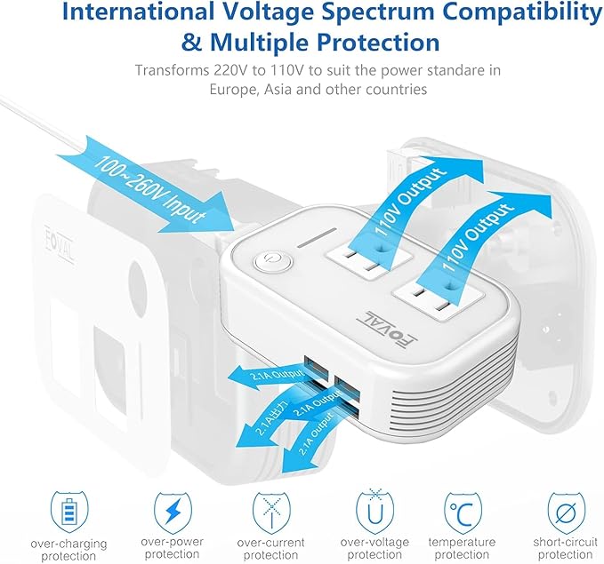 FOVAL Power Step Down 220V to 110V Travel Voltage Converter International Power Adapter for Hair Straightener/Curling Iron with 4-Port USB Charging US/UK/AU/EU Universal Plug Adapter (White)