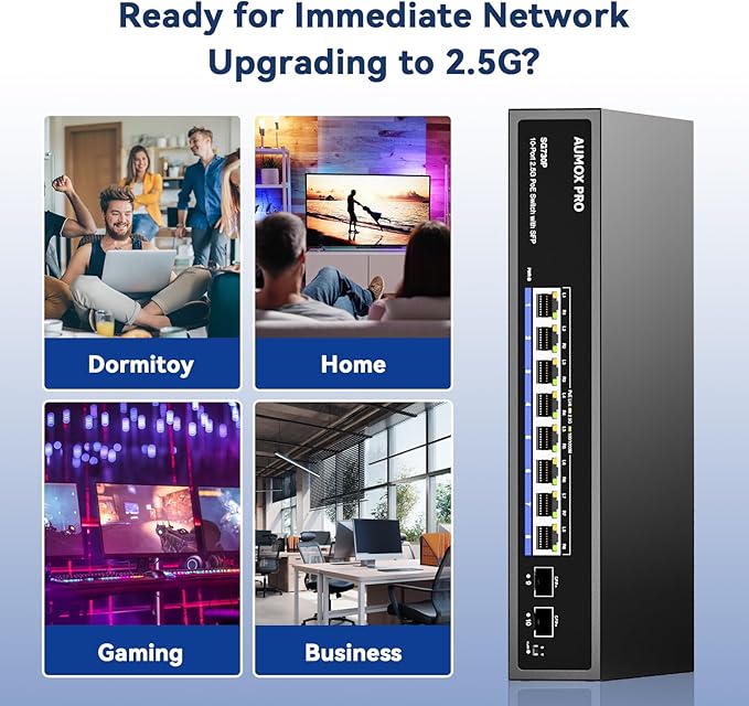 Upgrade 10 Port 2.5G PoE Switch,AUMOX PRO 8 Port 2.5G Network Unmanaged Switch with 2x10G SFP Gigabit Ethernet Unmanaged PoE Switch 120W,Compatible with 100/1000/2500Mbps for AP, NAS, PC Plug and Play