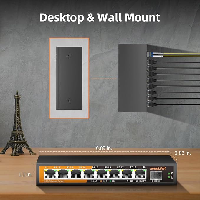 8 Port 2.5G Switch Unmanaged, Ethernet Switch with 8 x 2.5G Base-T Ports, 1 x 10G Base-T SFP Slot, 60Gbps Switching Capacity, Plug & Play, Fanless Metal, Wall Mountable