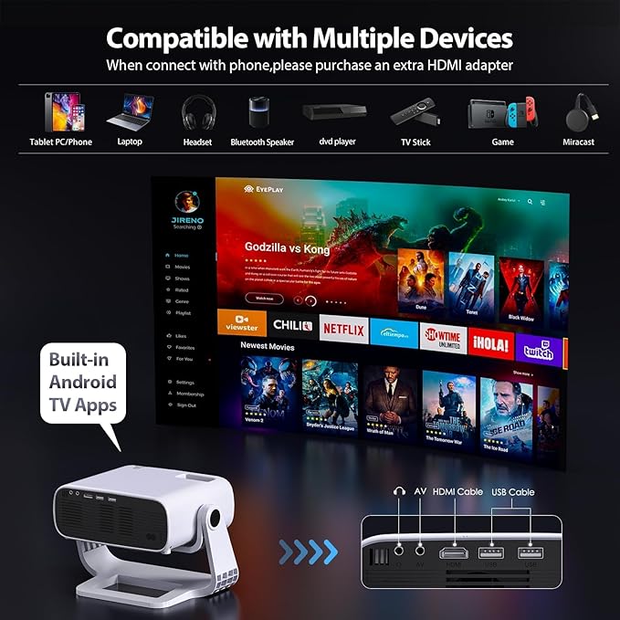 Smart Projector with WiFi 6 and Bluetooth Built-in Apps - 4K Support Portable Mini Projector Native 1080P , 2025 New Auto Keystone & Zoom Home Theater Cinema Movie Proyector, 120° Stand, Grey
