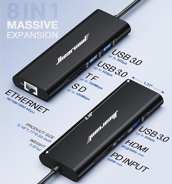 Hiearcool USB C Hub, USBC to 4K@60 Hz HDMI Adapter with 100W PD, 8-in-1 USB-C Dongle Multiport Dock Compatible for MacBook Dell Lenovo HP Laptops-Midnight Black