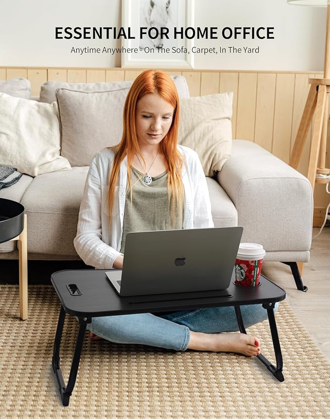 Laptop Bed Desk, Foldable Lap Table, Portable Study Table, Laptop Stand with Cup Holder & Tablet Slot & Lifting Handle for Working Writing Drawing & Eating - Black