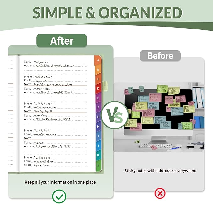 SUNEE Address Book with Colorful Alphabetical Tabs, Address Notebook Organizer for Record Contacts, 5.3'' x 7.7''- Sage Green