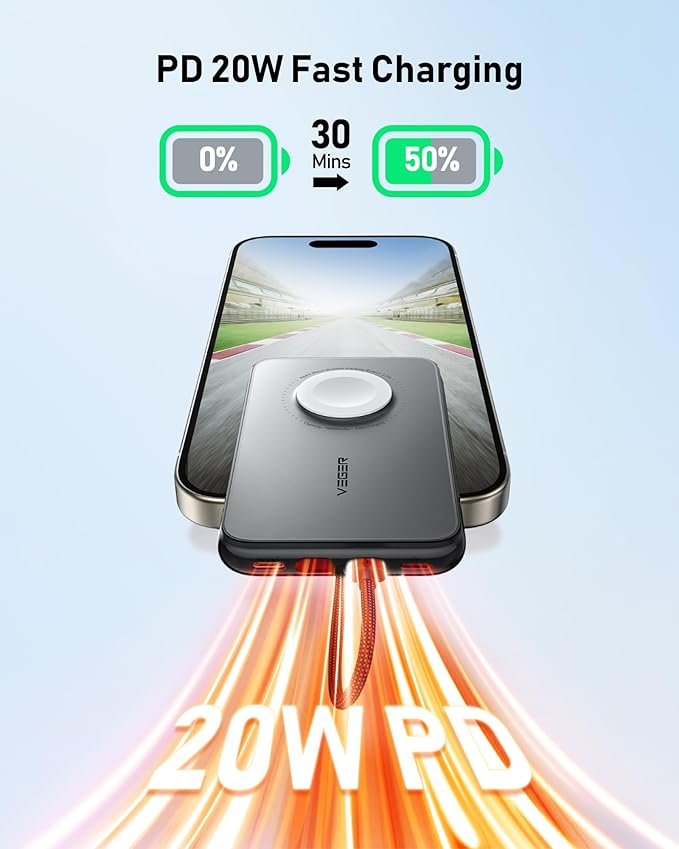 VEGER Portable Charger with Built in Removable Cable for iPhone, 20W Fast Charging Slim Power Bank, 10000mAh USB C Battery Pack Travel Essential Compatible with iPhone, Android, Apple Watch-Yellow