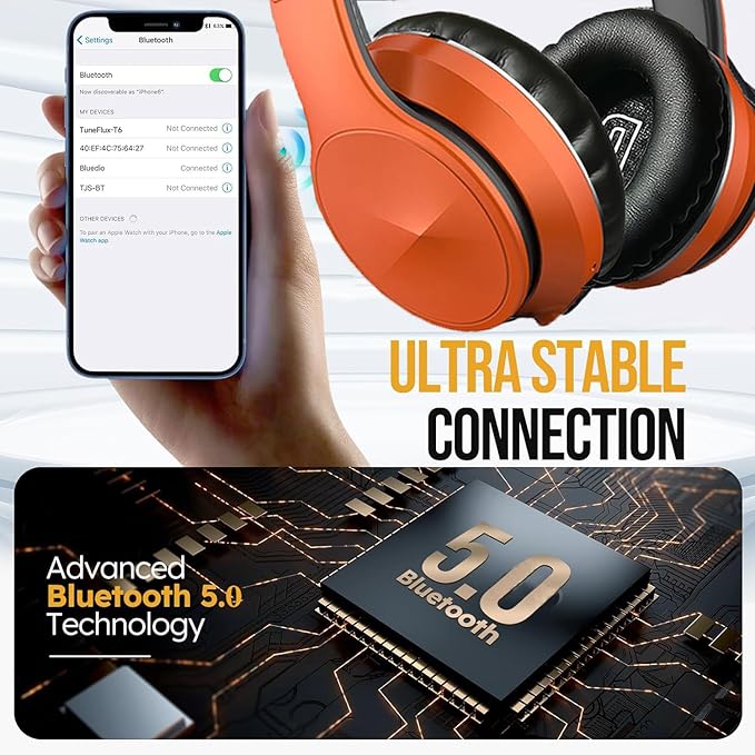 OYEALEX Active Noise Cancelling Headphones, Wireless Over Ear Bluetooth Headphones with Microphone Foldable Headphone with HiFi Audio Deep Bass for Home Travel Office Orange