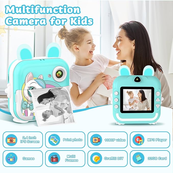 Kids Camera Instant Print Girls Boys, 2,4" HD 1080P, 32GB Card, with Photo Paper and Colored Pens, Instant Camera Holiday Birthday Gifts, Printable Toddler Portable Travel Print Toy (Blue)