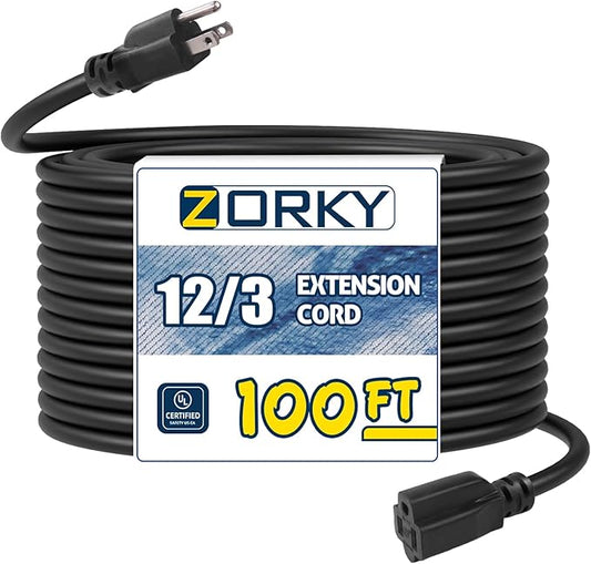 100ft Indoor Outdoor Extension Cord - 12/3 SJTW Heavy Duty Extension Cable with 3 Prong Grounded Plug for Safety -15Amp 1875W Black Electric Cord Great for Garden, Appliances