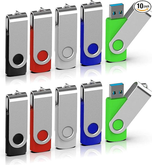 TOPESEL 10 Pack 64GB USB 2.0 Flash Drive Memory Stick Thumb Drives (5 Mixed Colors: Black Blue Green Red Silver)