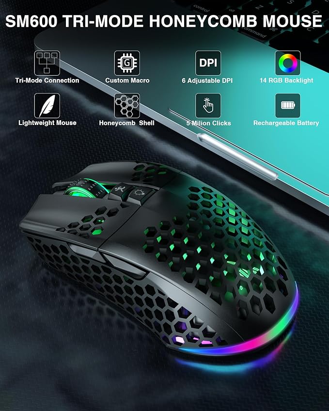 SM600 Honeycomb Shell Gaming Mouse Wireless,Tri-Modes BT5.1/2.4G Wireless/Type-C Wired Gamer Mouse with 2 Side Buttons, Macro Programmable and RGB Light for PC/Mac/Laptop,Black