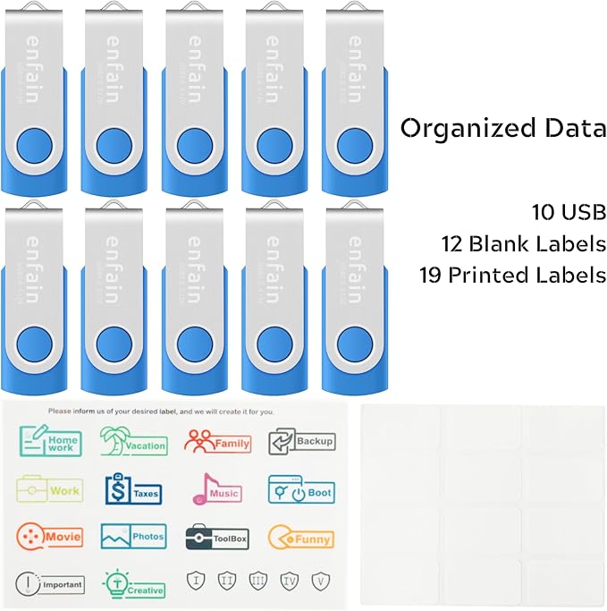 Elevate Your Data Storage with Enfain's 16GB USB 2.0 Flash Drives: 10 Pack of Stylish Blue Swivel Thumb Drives with LED Indicators and 12 White Labels for Easy Content Organization