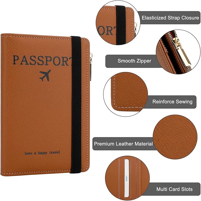 DOB SECHS Leather Passport Holder for Travel Women Slim Passport Wallet RFID Blocking Passport Cover Case with Card Slots, Travel Document Organizer Pouch Bag Zipper Cash Pocket Purse+ID Window, Brown