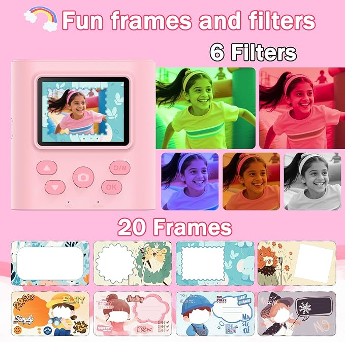 Zicor Kids Camera Instant Print for 3-12 Year Olds, HD Digital Instant Print Camera for Boys & Girls, Ideal Christmas Birthday Gift with 32GB SD Card, Easy to Use - Pink