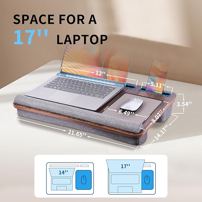 Home Office Lap Desk with Wrist Rest Wrist Rest, Mouse Pad, and Phone Holder Large Laptop Bed Desk for Notebook, Laptop, Tablet, Lap Stand Fits Up to 17 Inch Laptops (Brown)