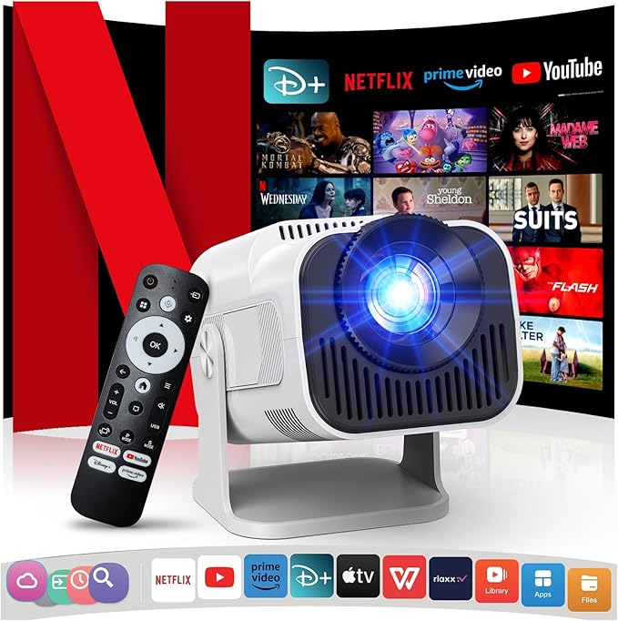 [NetfIix Official/Stereo Speakers] 4K Projector with Wifi and Bluetooth, 1080P Native Mini Projector Portable, One-Click Use Built-in NetfIix/YouTube/PrimeVideo/D+, Smart Home Outdoor Projector-White