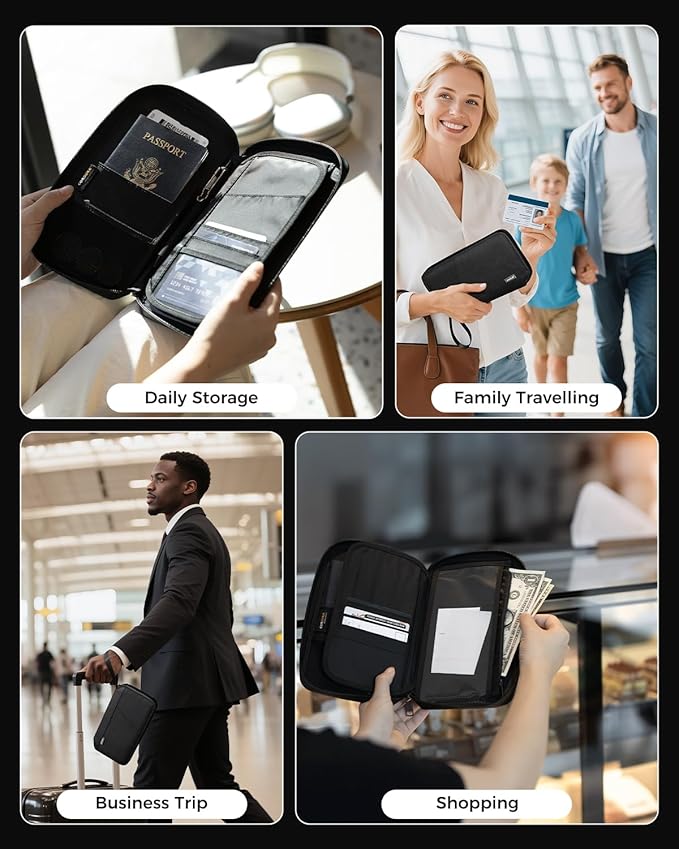 pack all Travel Passport Holder with RFID Blocker, Water-Resistant Passport Wallet with Wrist Strap, Multiple Family Airplane Document Organizer for Cards, Boarding Pass, ID, Cash, Tickets