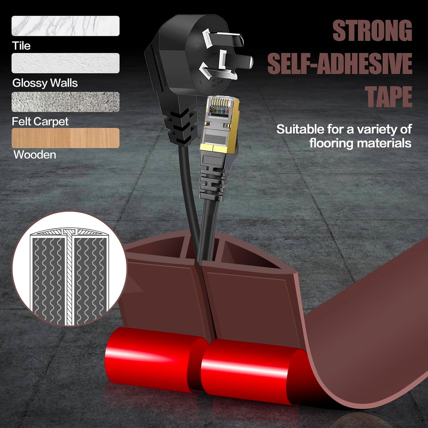 Floor Cord Cover Self Adhesive Cord Hider,10FT Cable Management, Extension Strip Protector for Wires, Prevent Cable Trips for Offices, Gyms, Exhibitions Cavity:0.3"(W) x 0.28"(H) Coffee