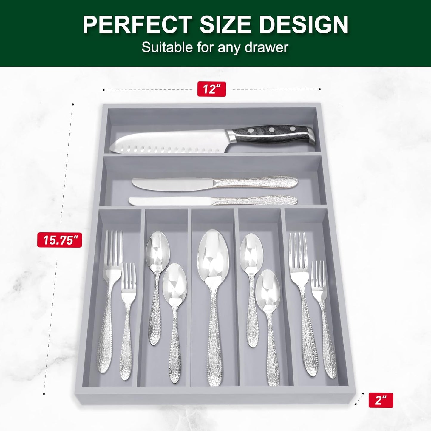 Bellsal Grey Utensil Organizer 12.5 Inch Silverware Tray for Drawer Utensil Holder Cutlery Organizer Kitchen Drawer Organizer 7 Compartment Small Narrow Bamboo