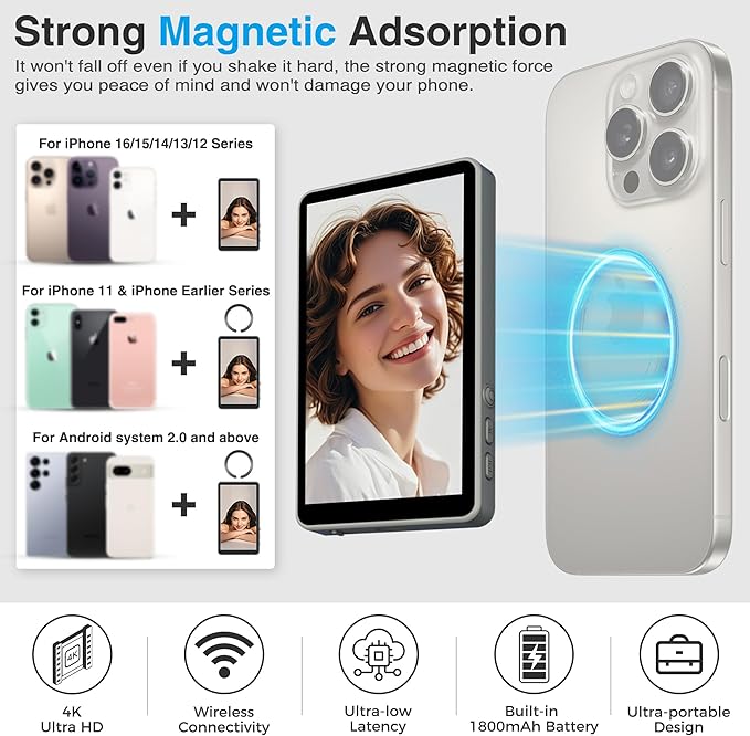 Magnetic Phone Vlog Selfie Monitor Screen - Back Camera Selfie Monitor - 1080P Display can Wirelessly Connect to Mobile Phones - Rear Camera Selfie Screen with Remote Controller(Grey)