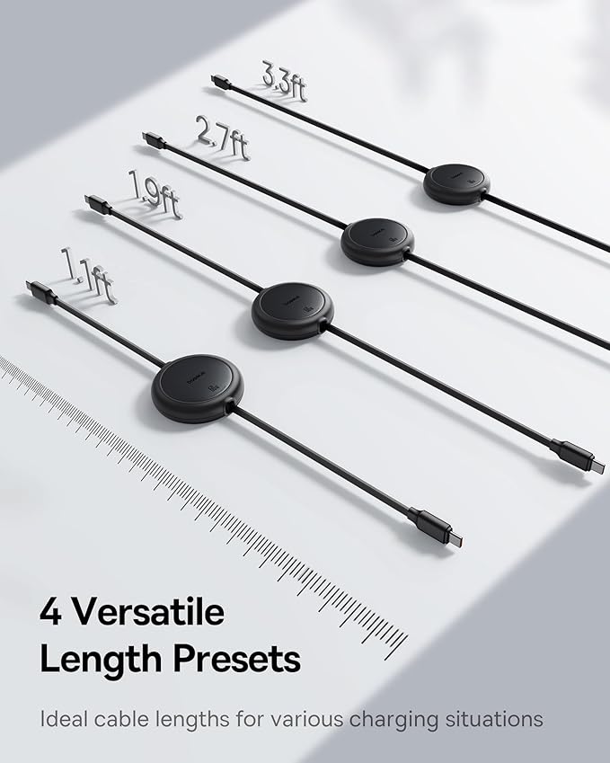 Baseus USB C Cable, 60W Mini Retractable USBC to USBC Fast Charging Cable, 4-Stage Length Preset USB Type C Charger Cord for iPhone 17 16 Pro Plus Pro Max, MacBook, iPad, Galaxy S24/S23