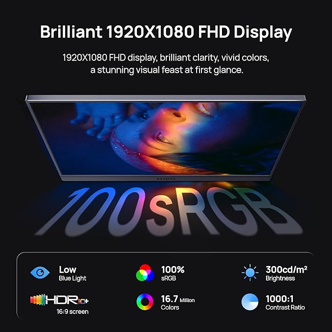ARZOPA 16.1" Portable Monitor Gray, 100% sRGB FHD 1080P Kickstand Portable Laptop Monitor High Color Gamut Display IPS Eye Care Screen for High-end Office & Entertainment -Z1C Gray