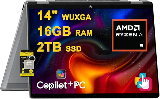 HP OmniBook X Flip 2-in-1 Laptop 14" WUXGA IPS Touch (400nits) AMD 6-core Ryzen AI 5 340 (Up to 50 Tops) 16GB RAM 2TB SSD for Creator Designer Business Professional Win11 ICP Hub/Copilot+ AI PC