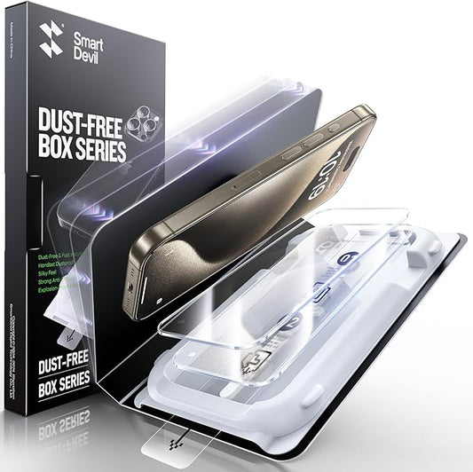 SMARTDEVIL 3 Pack Screen Protector for iPhone 15 Pro, Bubble-and-Dust-Free Box, HD Tempered Glass, Military Grade Shatterproof & Ultra Durable, Easy Installation