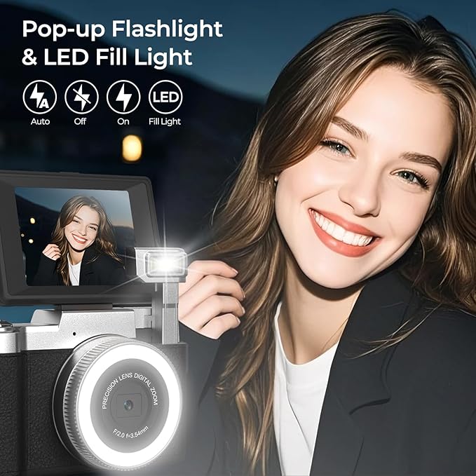 4K Digital Camera for Photography 64MP Vlogging Camera for YouTube with Flip Screen Point and Shoot Camera for Teens with Built-in LED Selfie Light Compact Camera for Beginners with Batteries