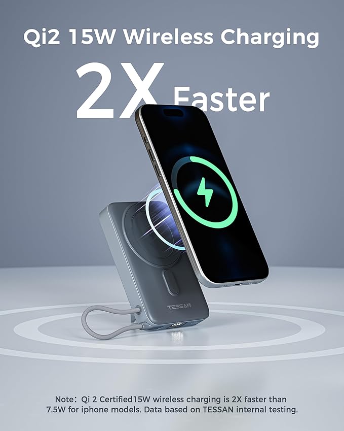 Wireless Portable Charger Qi2, 10,000mAh Magnetic Power Bank with PD 35W Fast Charging, Battery Pack with Built-in USB-C Cable and Stand, Travel Essentials for iPhone 16/15 Series