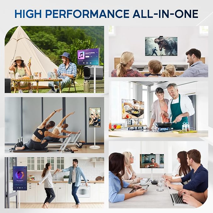 32 Inch 4K Smart Portable TV, Qualcomm Snapdragon 665 CPU, Built-in 20000mAh Battery with 10H Life Time, 8+128GB, Android OS, Rolling Touch Screen Monitor on Wheels, Air Remote Mouse, with 5MP Webcam