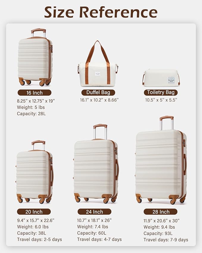 LONG VACATION 6 Piece Luggage Set Carry on Suitcase with ABS+PC hardshell, Spinner Wheels & YKK Zipper TSA Lock (WHITE-BROWN, 6 piece set)