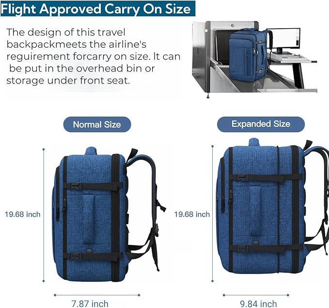 Carry On Backpack, Extra Large 50L Travel Backpack for Men & Women, Expandable Backpack For Airplanes, 17 Inch Laptop Backpack, Luggage Suitcase 40L Daypack Lightweight Business Weekender Bag, Blue