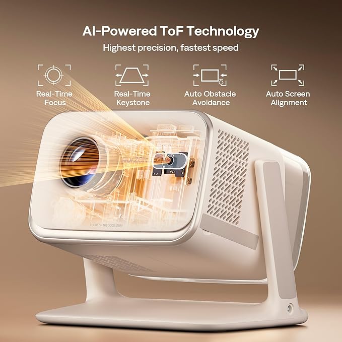 Aurzen BOOM mini Google TV 4K Supported Smart Projector with WiFi and Bluetooth, Outdoor & Home Movie Projector with 20W Speakers DoIby Audio, Real-Time Focus & Keystone, 500 ANSI Lumens, Off-white