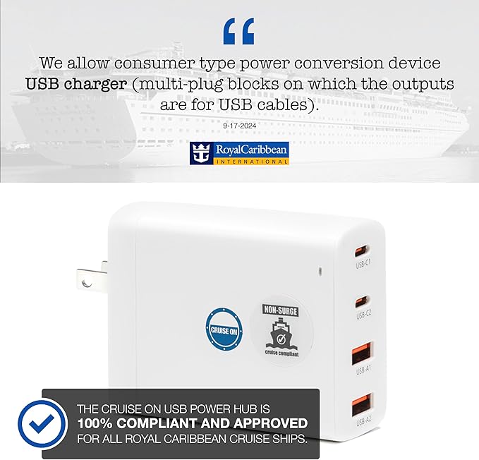Cruise Approved Power Strip (Royal Caribbean, Disney & More) - Non Surge Charger [2 USB, 2 USB-C] 4-Port Charging Block w/Foldable Plug for iPhone, iPad, Laptops & More - Cruise Ship Essentials 2025