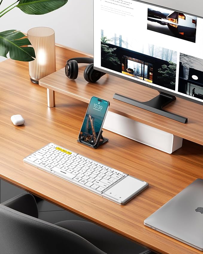 Samsers Foldable Bluetooth Keyboard with Touchpad, Full-Size Wireless Folding Keyboard with PU Leather, Portable Travel for iOS Android Windows Mac OS, Support 3 Devices (BT5.1 x 3), Silver