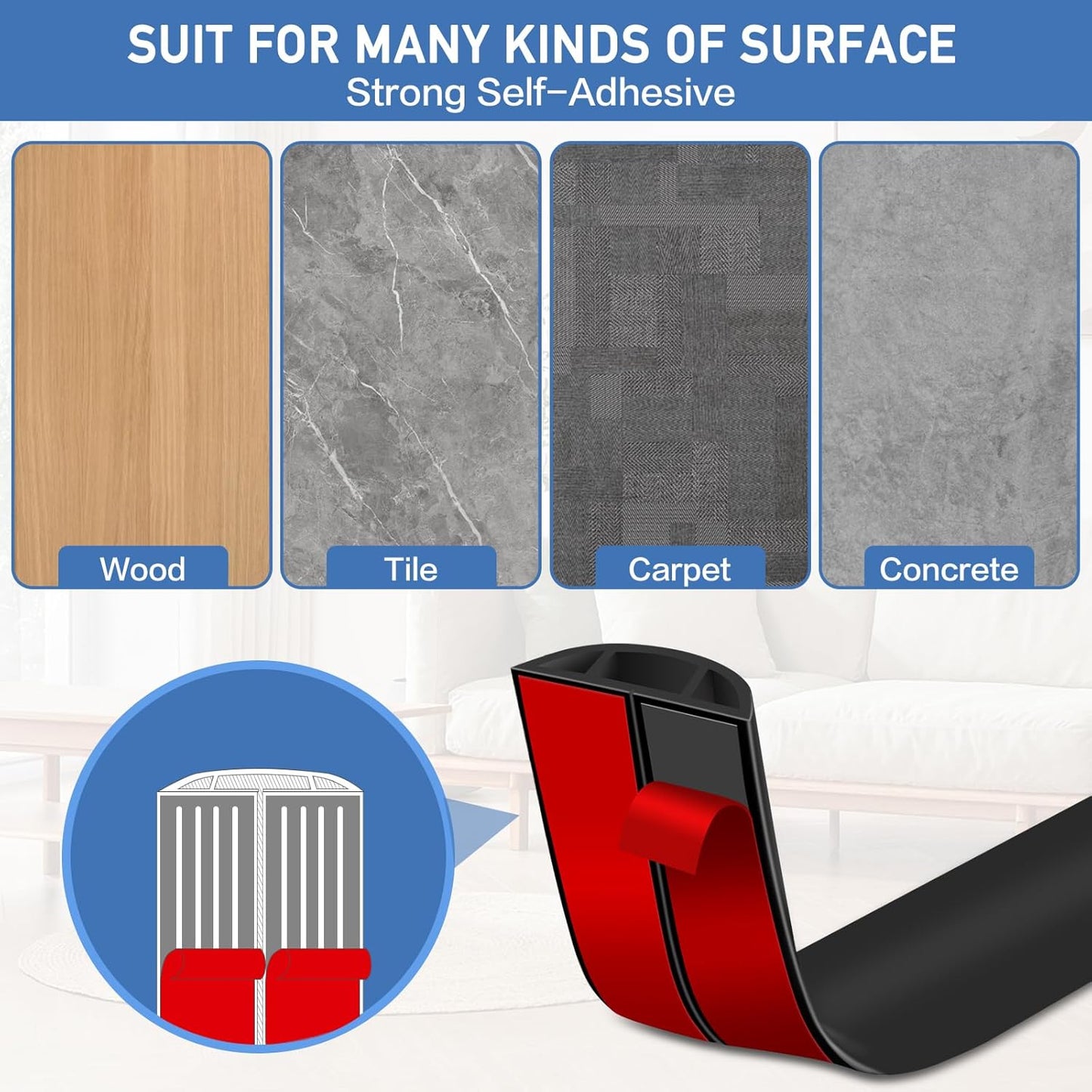 Floor Cord Cover Self Adhesive Cord Hider Floor Extension Cord Covers for Floor Power Cord Protector Cable Management Prevent Cable Trips Cable Cavity 0.59" W x 0.31" H (Black, 10Ft)