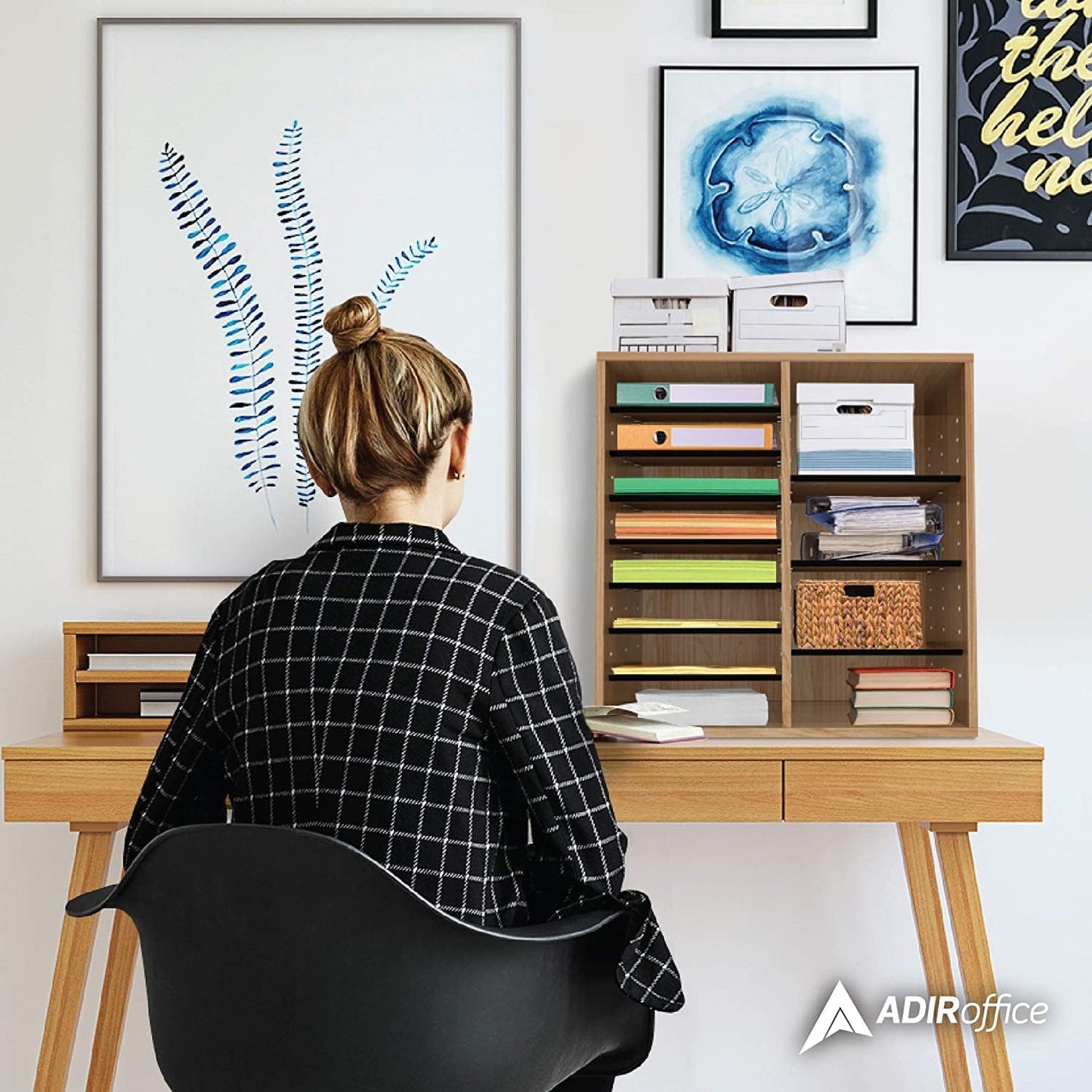 AdirOffice Wooden Adjustable Literature Organizer, 16 Compartment Office Mailbox, or Classroom Literature Organizer, Medium Oak