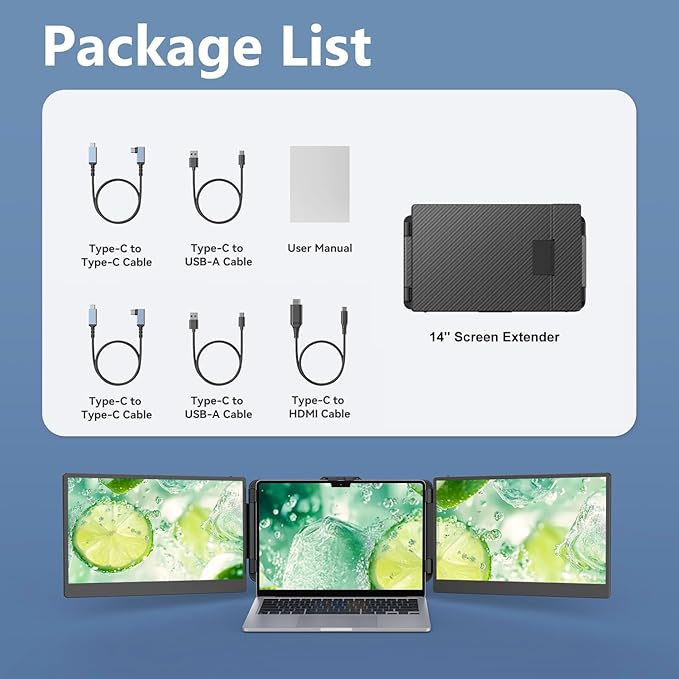 14'' Screen Extender Portable Laptop Plug-play, 1080P IPS Laptop Monitor Extender Built-in Speaker, HDMI/USB-A/Type-C Triple Monitor for 13''-17.3'' Laptops, Work with Mac, Windows, Chrome, Switch