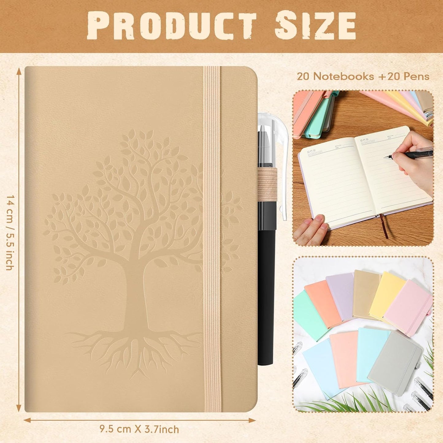 Estune Tree Small Notebooks Pen Leather Lined Pocket Subject Notebooks Hardcover Pocket Notepad Cute Ruled Leather Journals with Pen Holder for Men Women School Business, A6 (Elegant Color,20 Set)