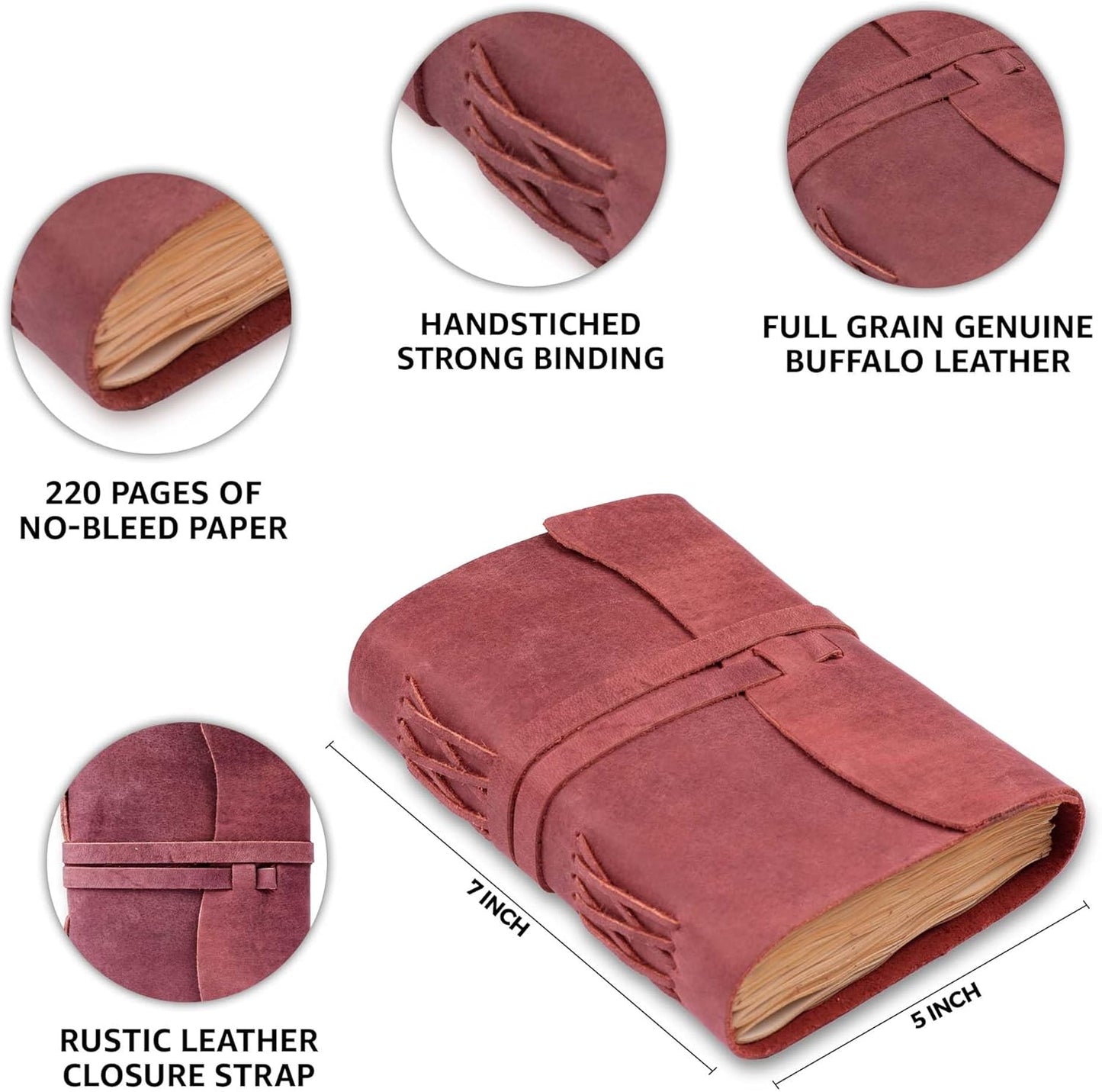 LEATHER VILLAGE Leather Bound Journal - Fuchsia, 7"X5", 220 Pages - Vintage Blank Paper Diary for Writing, Drawing, Sketchbook, and Travel Notebook - Ideal for Women and Men