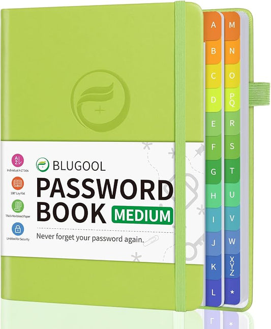 Password Book with Alphabetical Tabs, Password Keeper Book for Seniors, Hardcover Password Notebook for Individual & Colorful Tabs, Password Organizer for Website Logins, 5.3" x 7.7", Grass Green