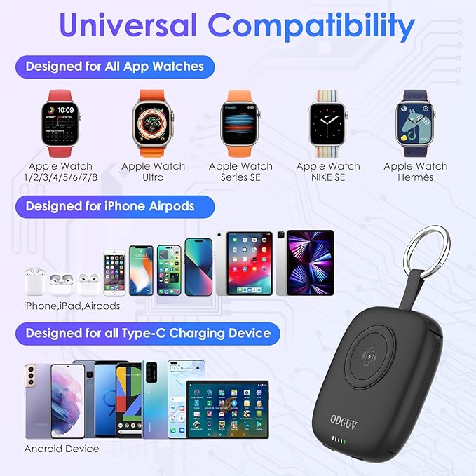 Small Portable Charger 5000mAh,iWatch Wireless Charger Mini Power Bank with Built-in Cable,Travel Keychain Charger for Apple Watch 10/9/Ultra2/8/Ultra/7/6/Se/5/4,iPhone 17/16/15/14/13/12,Android Phone