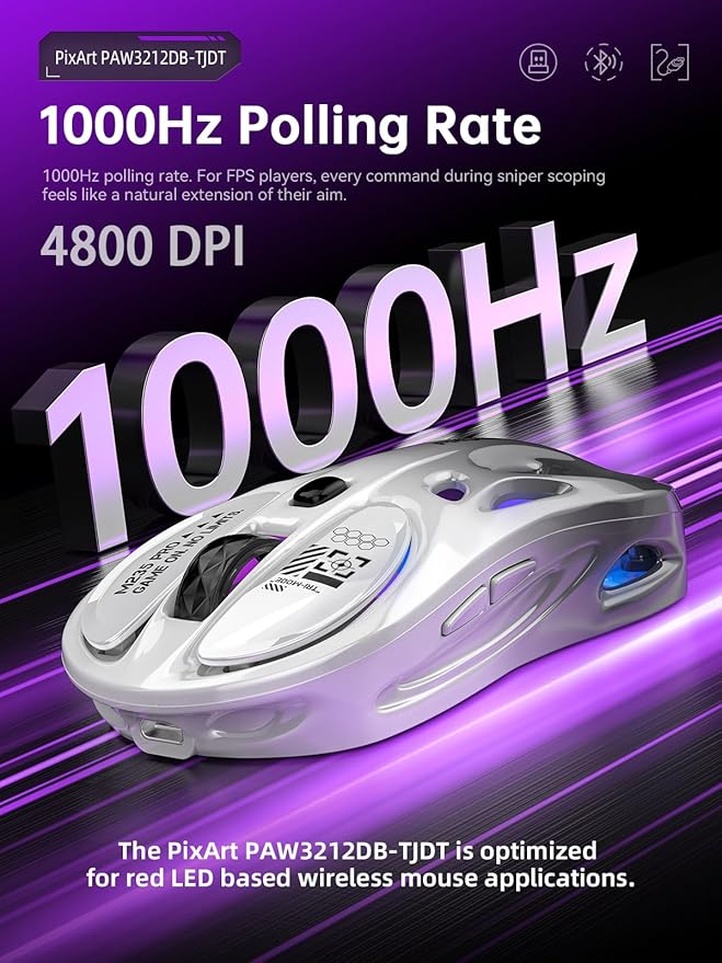 Wireless Gaming Mouse, Tri-Mode 2.4G/USB-C/Bluetooth Mouse, 800-4800 DPI, Ergonomic Optical Mouse Gamer, RGB & 6 Programmable Buttons, 65g, Rechargeable, for PC/Mac/Laptop