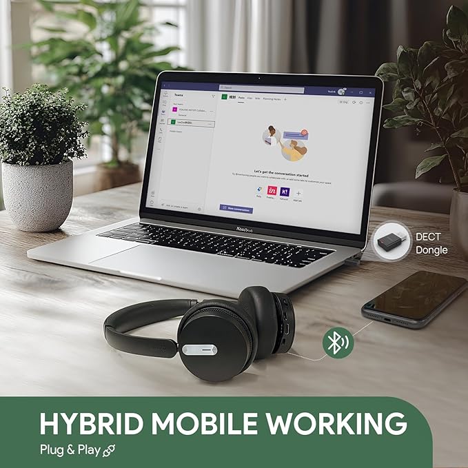 Yealink WH64 Hybrid DECT& Bluetooth Wireless Headset,492ft Range Dual Teams Headphones with DECT Dongle, 3X Noise Cancelling Mic, 32H Talk Time, Office Work Portable Headsets for PC,Cellphone,Laptop