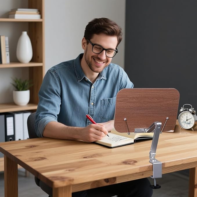 ASIEIT Book Stand for Reading, Wood Desk Clamp Book Holder, Cookbook Stand for Kitchen, Recipe Book Stand with Clamp, Height and Angle Adjustable, Foldable and Portable for Office, Bible, Recipe