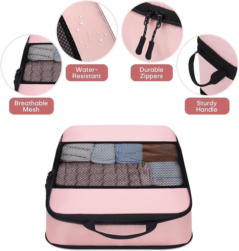 6 PCS Set Compression Packing Cubes for Travel, Lightweight Packing Organizer Bags Travel Essentials for Carry On, Suitcase, Home Closet - Pink